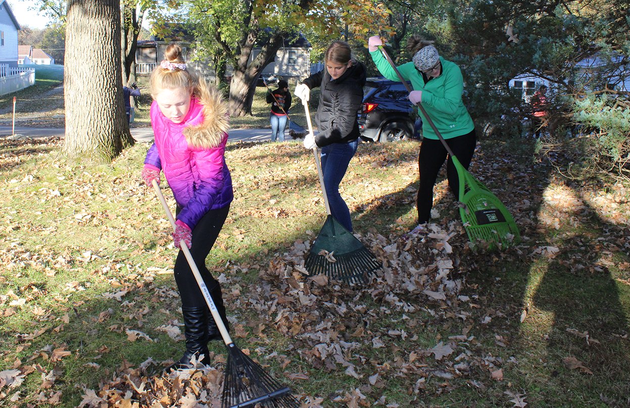 From the left, youth volunteers Gracie Crayne, Briley Kirby and Kylie Kirby wasted no time jumping in at the annual Rake and Run community service day.  Volunteers from Imagine Hillsboro, the HAH Junior Board and church groups once again tidied the yards of area senior citizens as well as veterans, at no cost, on Saturday, Nov. 6 in Hillsboro.